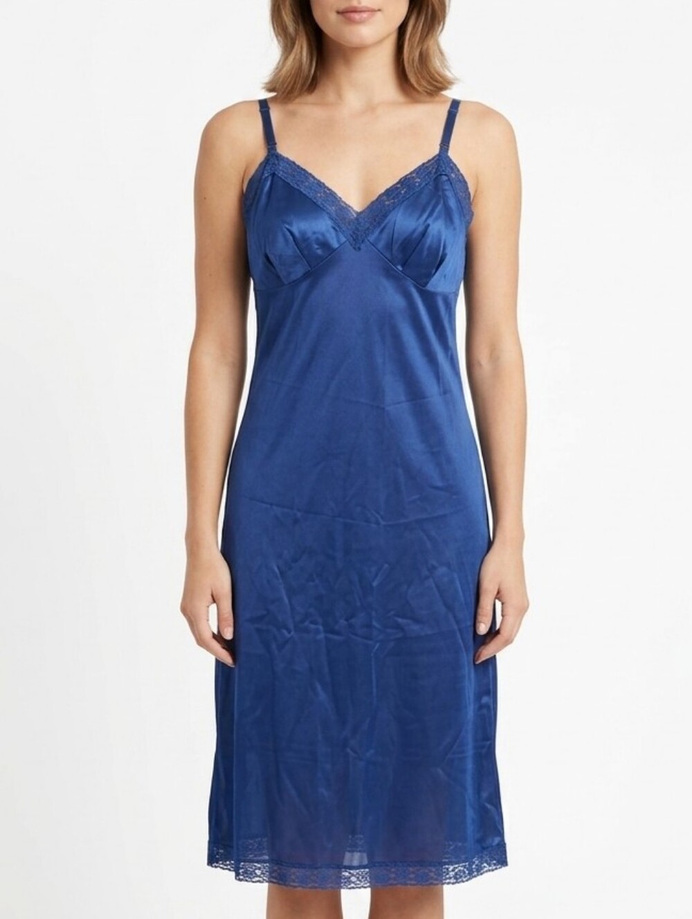 Vintage Vanity Fair Navy Blue Nylon Lace-Trim Midi Slip Dress 36 / L